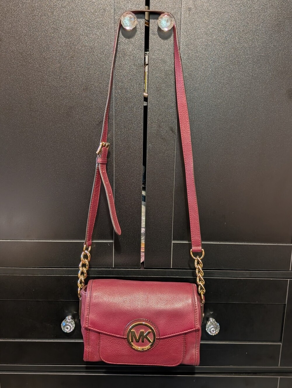 Michael Kors Burgundy Leather MK Logo Crossbody with Gold Hardware